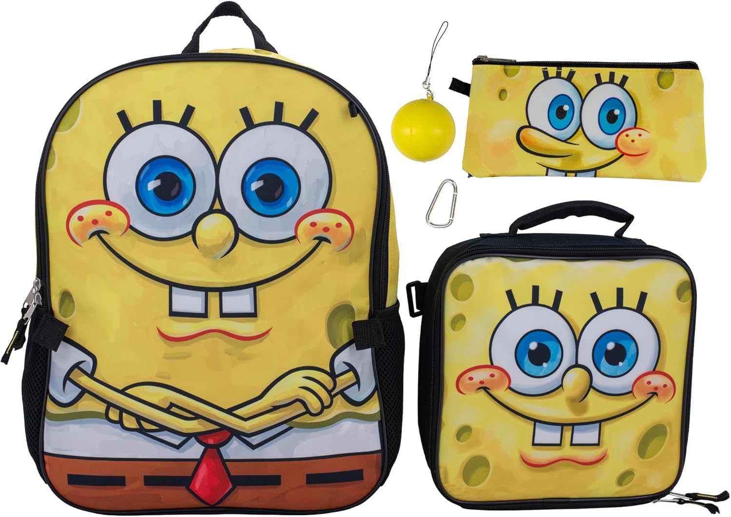 AI ACCESSORY INNOVATIONS Sponge Bob 5 PC Backpack Set, Girls & Boys Big Face School Bag 16” with Front Zip Pocket