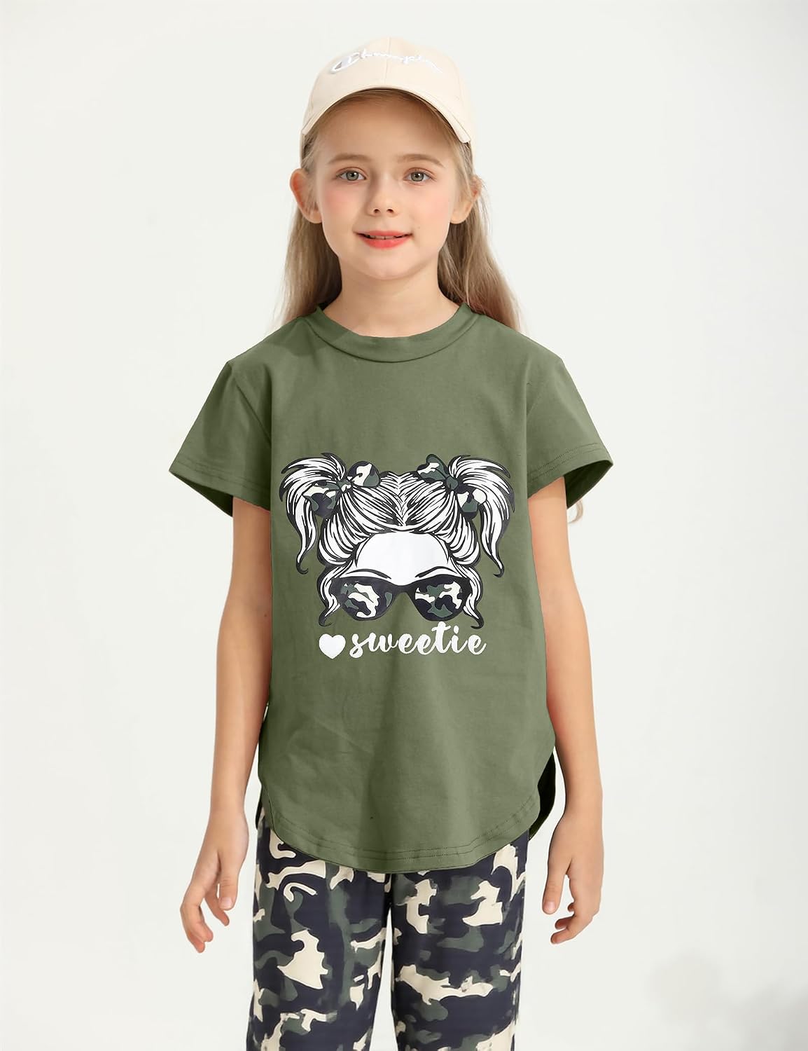 Girls Clothes Size 6-16 Sweetie-girl Short Sleeve Irregular Top and Camouflage Pants 2Pcs Summer Outfits