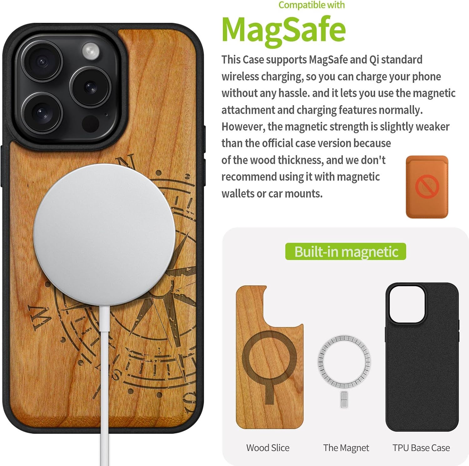 Carveit Magnetic Wooden Case for iPhone 16 Pro Case, Wood Artisan Engraved & Black Soft TPU Shockproof Cover, Compatible with MagSafe Wireless Chargers (The Incomplete Compass) Cherry