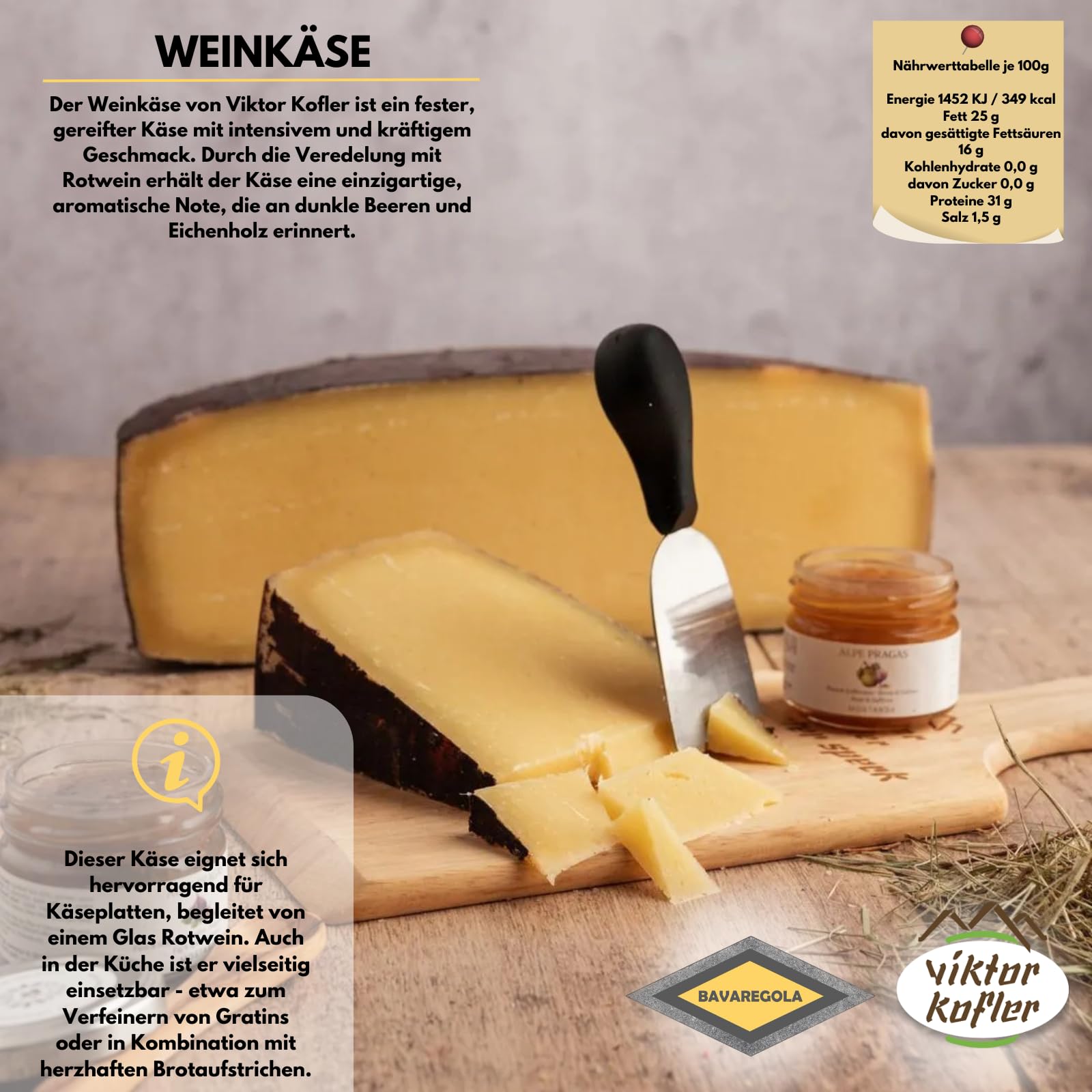 BAVAREGOLA Südtiroler Käse Geschenkekiste - Präsentkorb mit 5 Käsevariationen, Feigensenf & Schüttelbrot