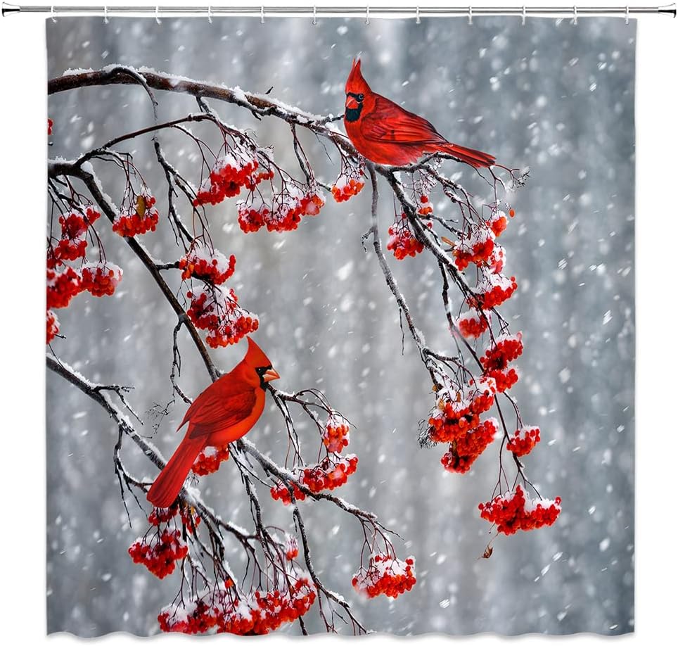 Winter Christmas Shower Curtain Red Birds Berry Snowy Pine