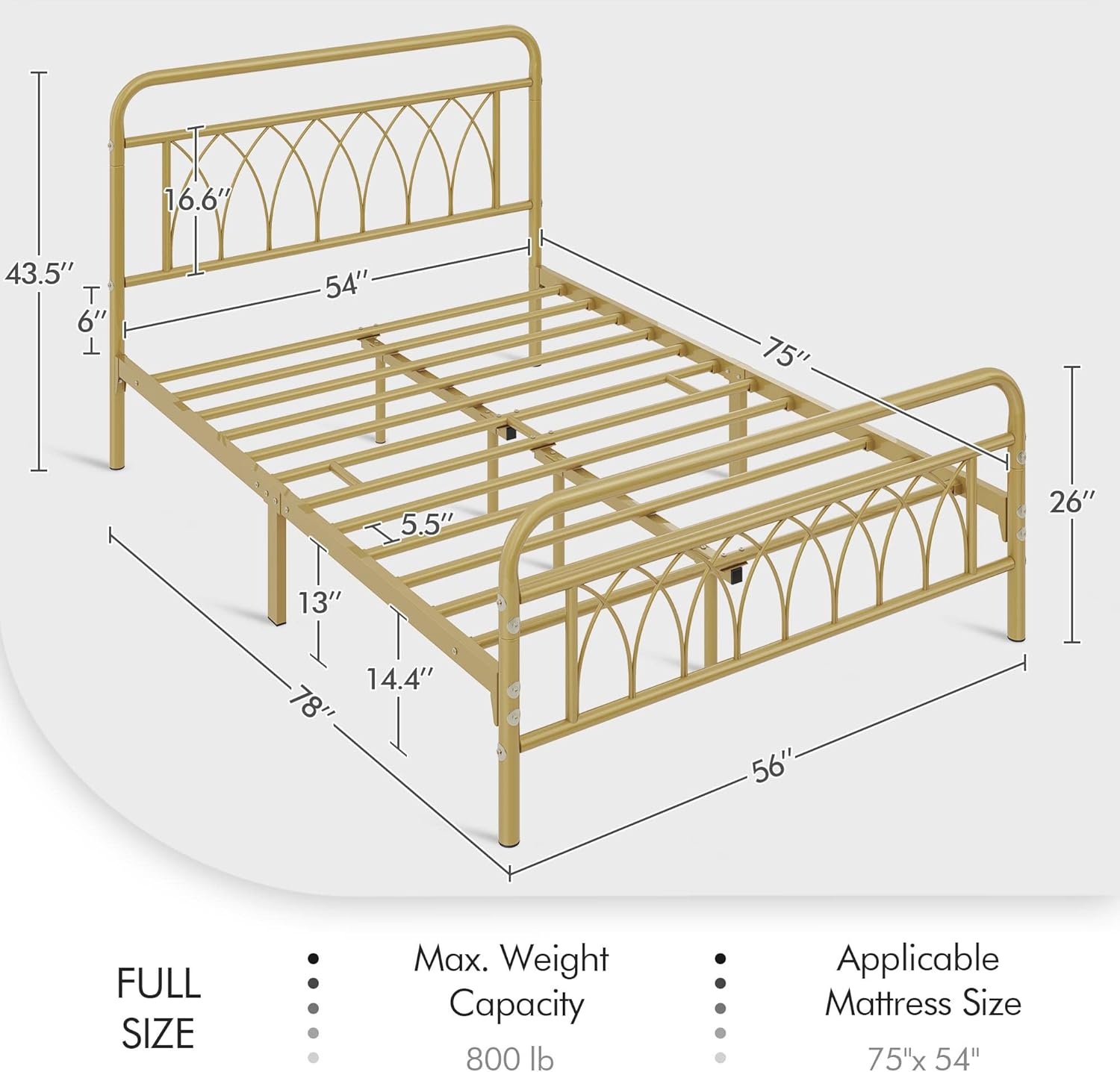 Detailed dimensions diagram for the Full size Yaheetech bed frame, showing length, width, height, and under-bed clearance.