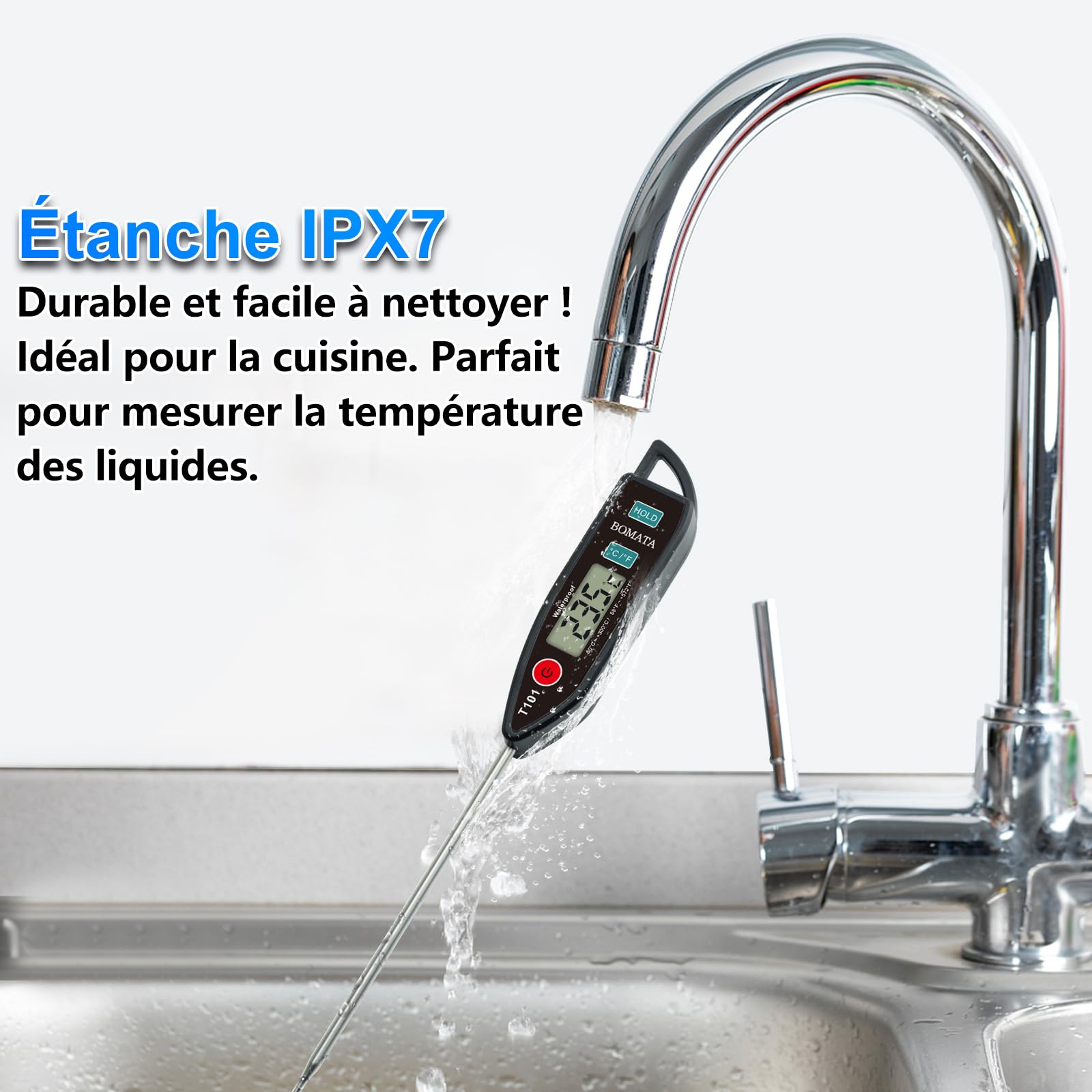 BOMATA Thermomètre étanche IPX7 T101 Noir, sonde longue lecture instantanée
