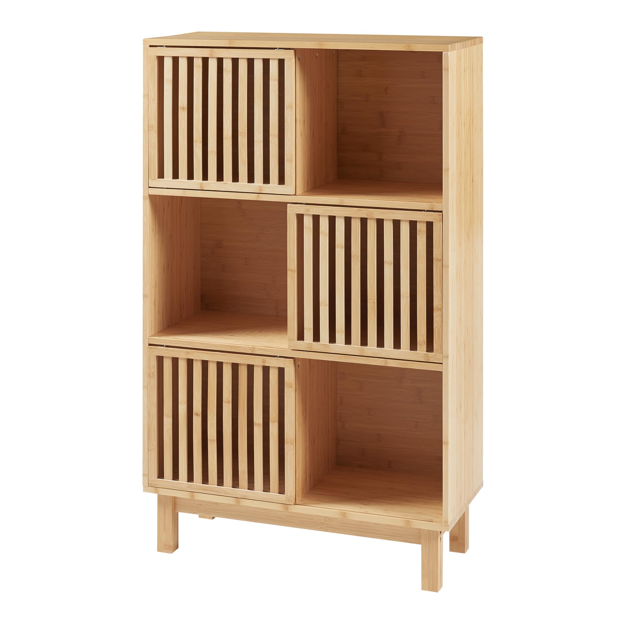 [en.casa] Estantería de Pie Ypäjä con 6 Compartimentos Estanteria Independiente con 3 Puertas Corredoras Librería para Salón Oficina Dormitorio Estable Sostenible Bambú 126x76x33cm - Natural