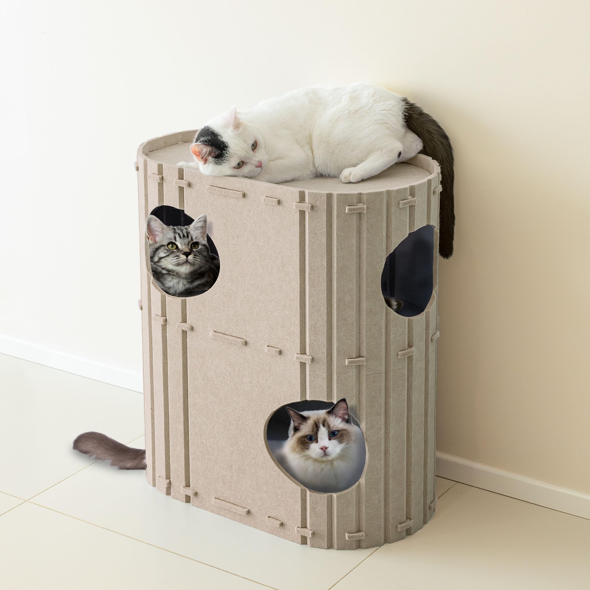 PETKARAY Katzenhöhle Filz, Katzenhaus Indoor 3 Schicht Katzenbet, Kuschelhöhle für Katzen zum Schlafen, Spielen & Verstecken, Filzhöhle Beige, Groß 45 x 37 x 60 cm