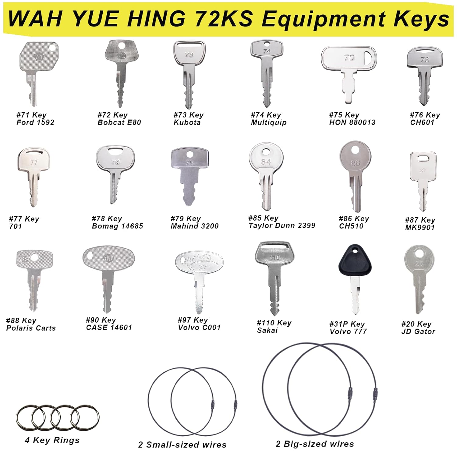 Multi Type Heavy Equipment Master Keys, 72 Contractor Excavator Dozer Skid Steer Loader Forklift Roller Operators Keys Fit Case JCB Kubota KOM Volvo CAT JLG Hyster Hitachi John Deere JD