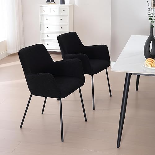 Miniatura 3 de ONEVOG Boucle - Juego de 2 sillas de comedor con brazos con respaldo curvo, soporte lumbar tapizado negro mullido, silla de comedor tapizada para