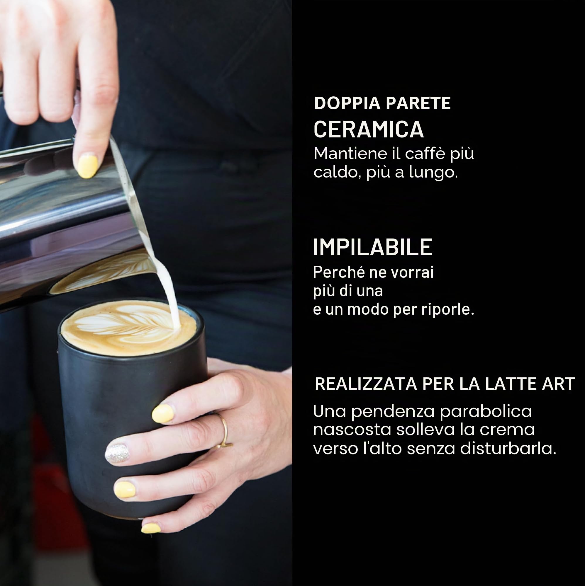 Fellow Monty | Tazze per il latte art | Piccole tazze in ceramica a doppia parete | Nero opaco con base in grafite | Tazze da 90 ml (set di 2)