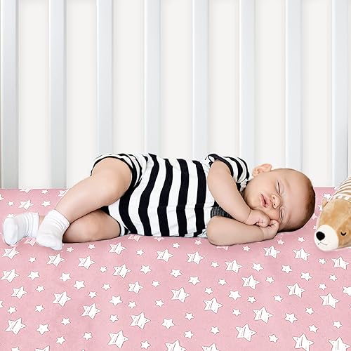 Miniatura 4 de Sábanas de cuna para niñas, paquete de 2, sábana bajera ajustable para colchones de cuna y niños pequeños, material suave y transpirable, gris y rosa