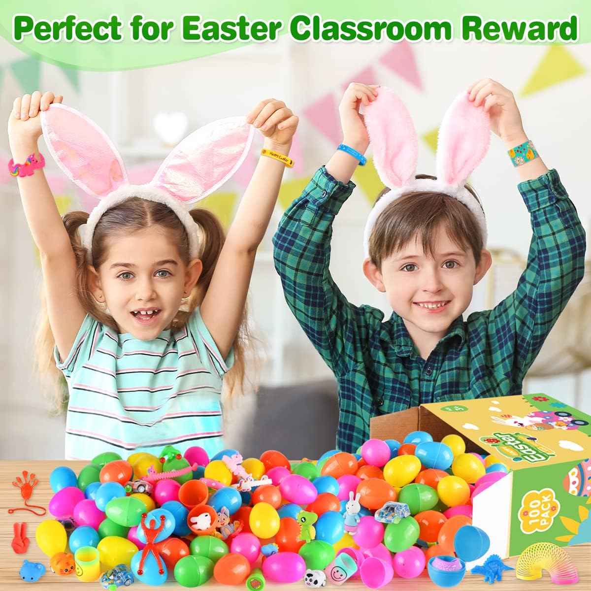 Jyusmile 100 Pack Prefilled Easter Eggs with Toy, Filled Plastic Easter Eggs, Surprise Eggs with Assorted Toys, Easter Egg Hunt, Easter Basket Stuffers, Party Favors Bulk for Kids/Toddlers/Boys/Girls