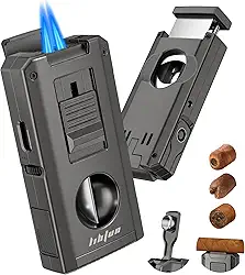 Isqueiro de maçarico embutido cortador de charuto de um toque corte em V e corte reto, perfurador, suporte, tudo em 1 à prova de vento duplo isqueiro de chama de jato presentes para homens