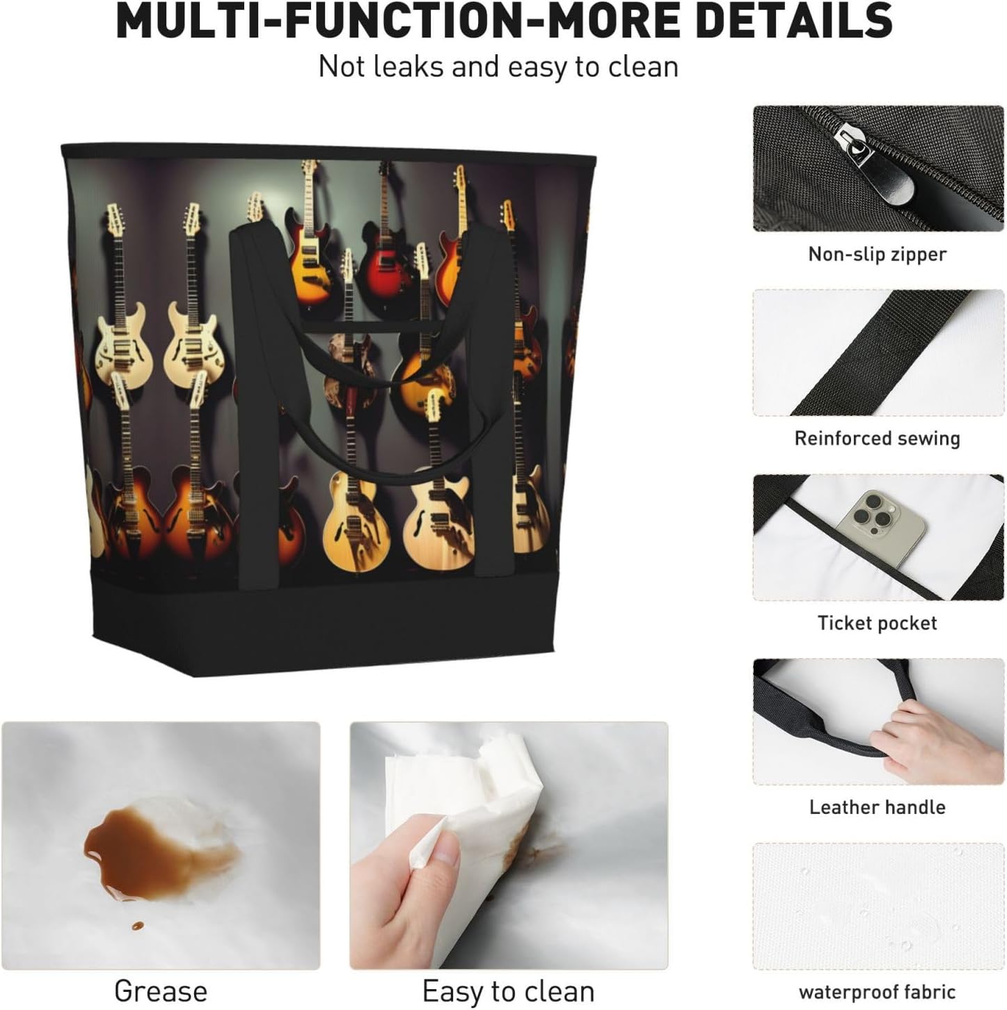 Guitar Collection Print Large Cooler Bag Tote Bag,Reusable Grocery Bag,Lunch Box Bag, For Picnic Beach Camping