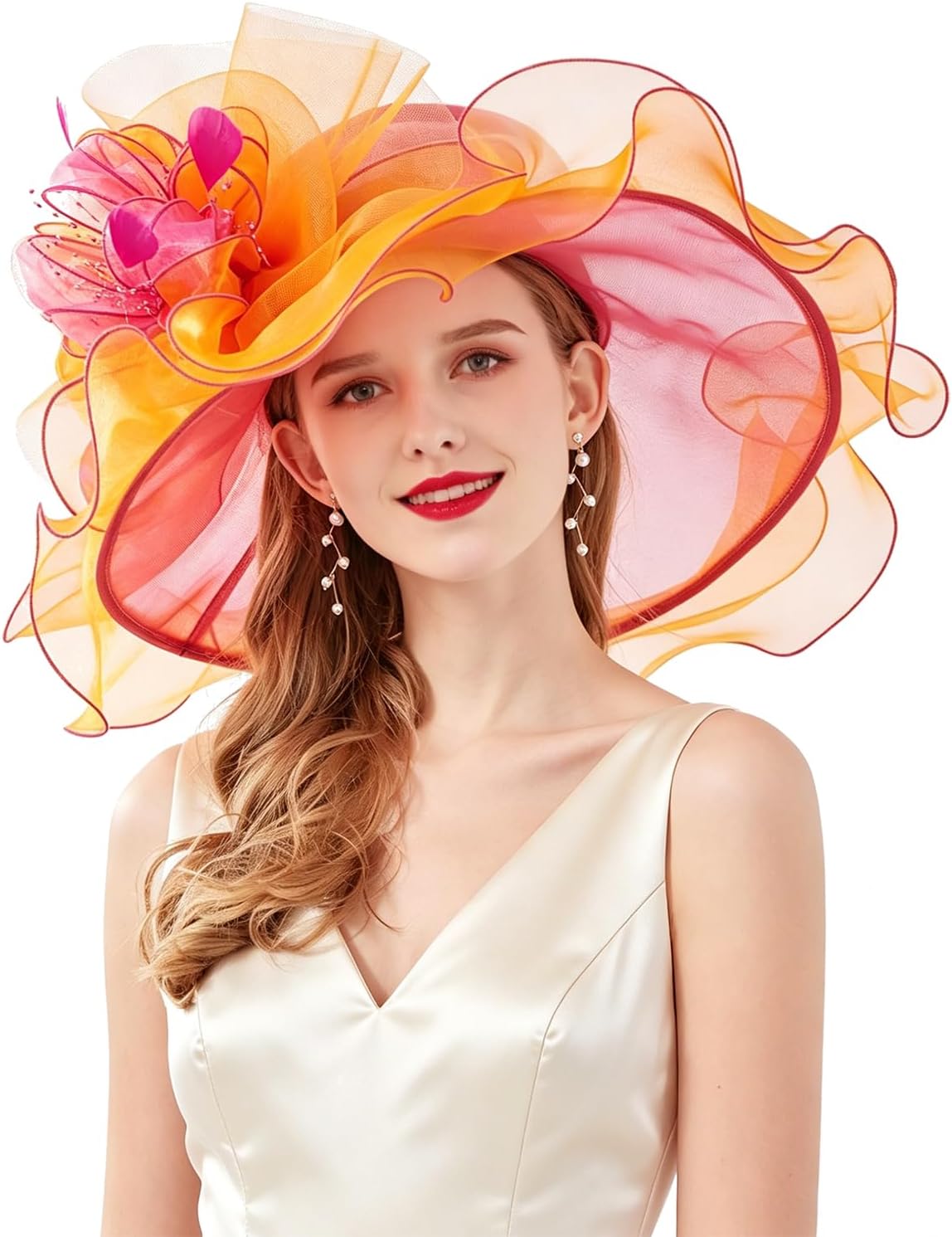 Women Derby Church Hat Organza Flower Wedding Tea Party Fascinator Hat Wide Brim Sun Hat