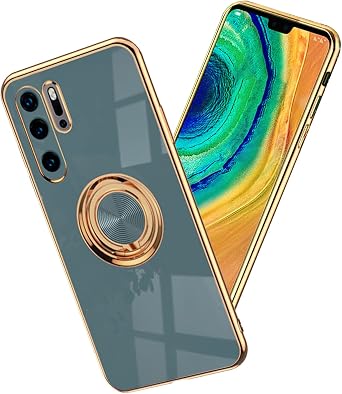 Compatible for Huawei P30 Pro Case Ring Holder Magnet Silicone, Huawei P30 Pro Phone Case Thin Protective Case Aesthetic Black 360 Rotatable Metal Stand Gray