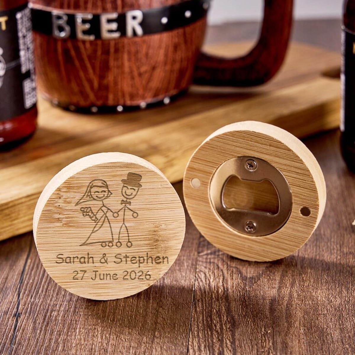Abridor Magnético Personalizado A Granel Para Regalos De Boda, Con Nombre Y Fecha Grabados, Abridor/Posavasos Redondo 2 En 1 De Madera Para Cerveza, Refrescos, Bares Y Fiestas De Cumpleaños(50pcs)