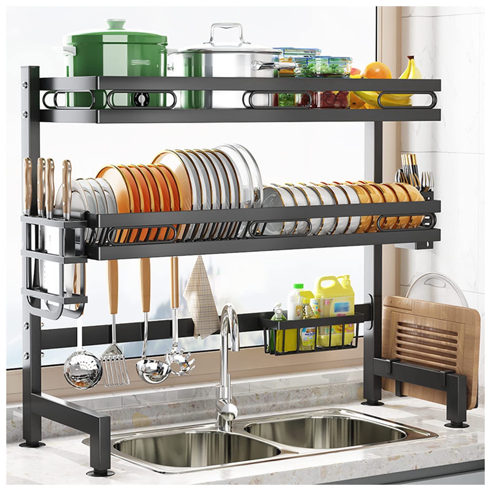 Dish Drainers Over The Sink Dish Drying Rack 2 Tier Stainless Steel Above Sink Dish Rack Sink Shelf Kitchen Shelf Organizer Rack with Utensil Holder & Cutting Board Holder (Color:Black,Si