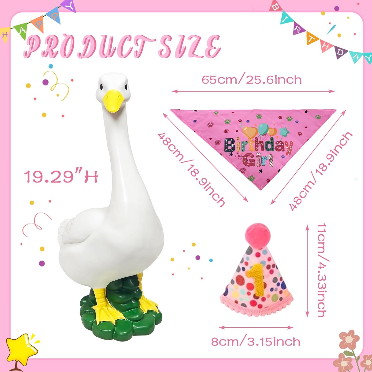 Big White Porch Goose Statue, Funny Outdoor Decorative Desktop Geese Figurine with Happy Birthday Party Duck Sculpture Costume Clothing for Garden Lawn Patio Entryway Accent,Yard Art Decoration