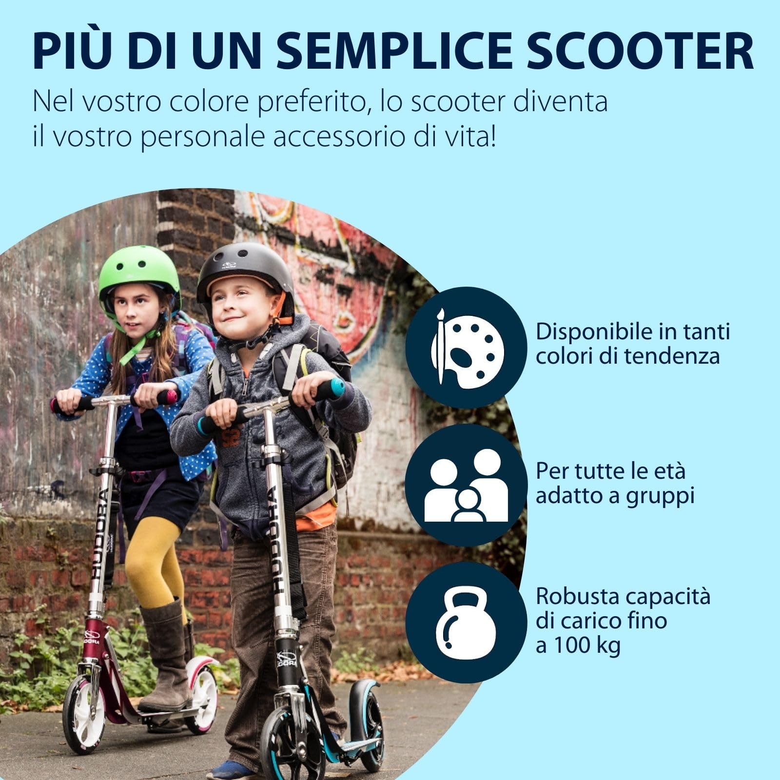 HUDORA Monopattino BigWheel 205 - Monopattino in alluminio resistente - Monopattino pieghevole regolabile con cavalletto - Monopattino sportivo per bambini e adulti fino a 100 kg - nero/blu