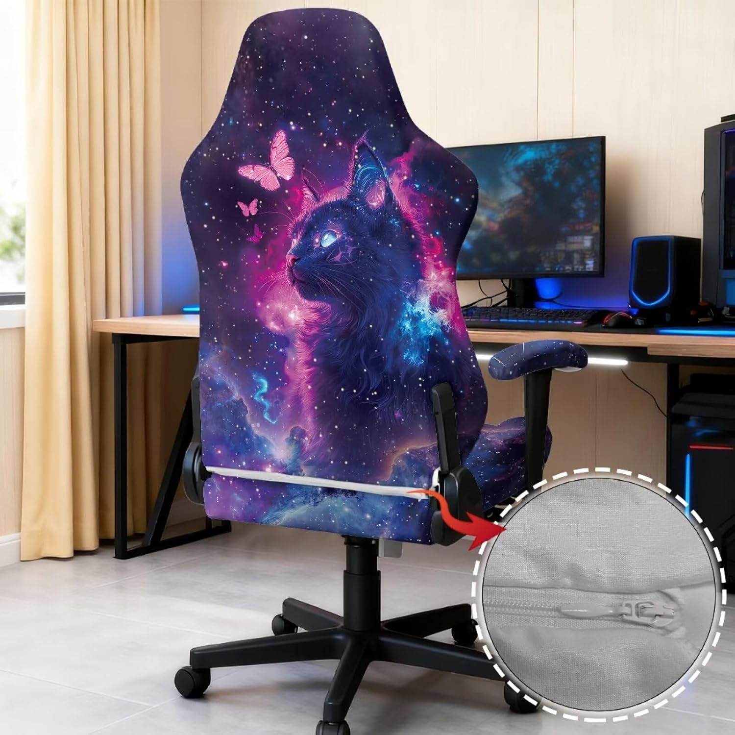Starry Night Black Cat Gaming Chair Cover 4-Piece Set, Soft Stretch Slipcover with Armrests, Easy Install Removable Washable Protector for Cozy Bedroom, Study, or Cat Lover's Office