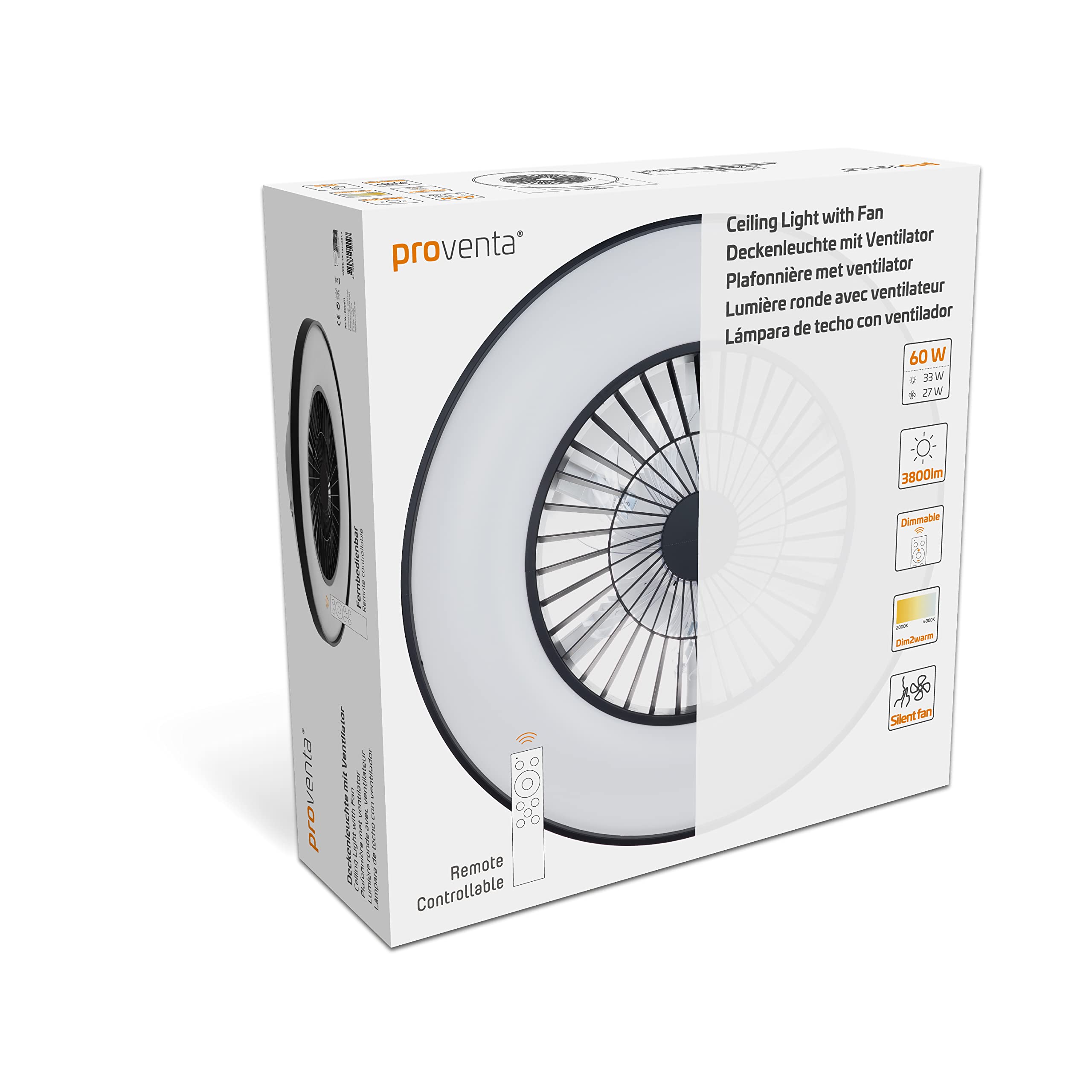 Proventa Deckenventilator mit Beleuchtung und Fernbedienung leise 60W Ø60cm dimmbare LED Deckenleuchte Sommer Wintermodus