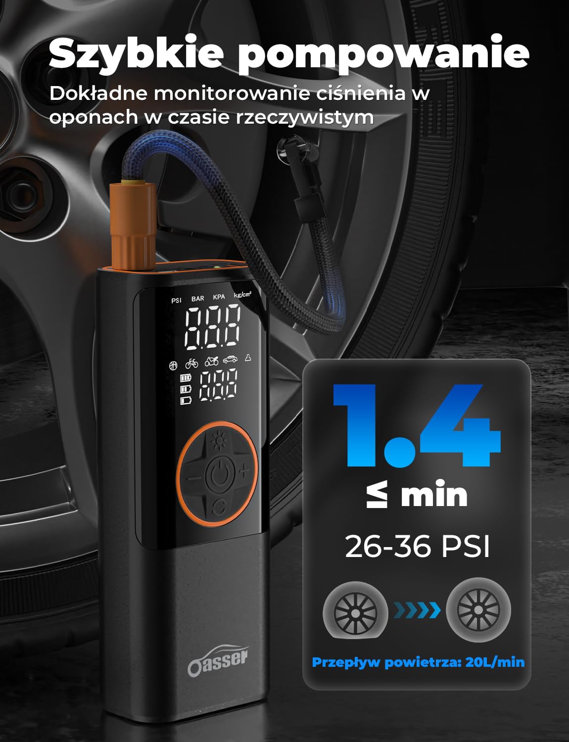 Oasser Przenośna Pompa 6000mAh z Podwójnym Wyświetlaczem Preset Pressure AutoStop 150PSI Do Opony/Rower/Motocykl 3M Kabel do Zapalniczki i Torba