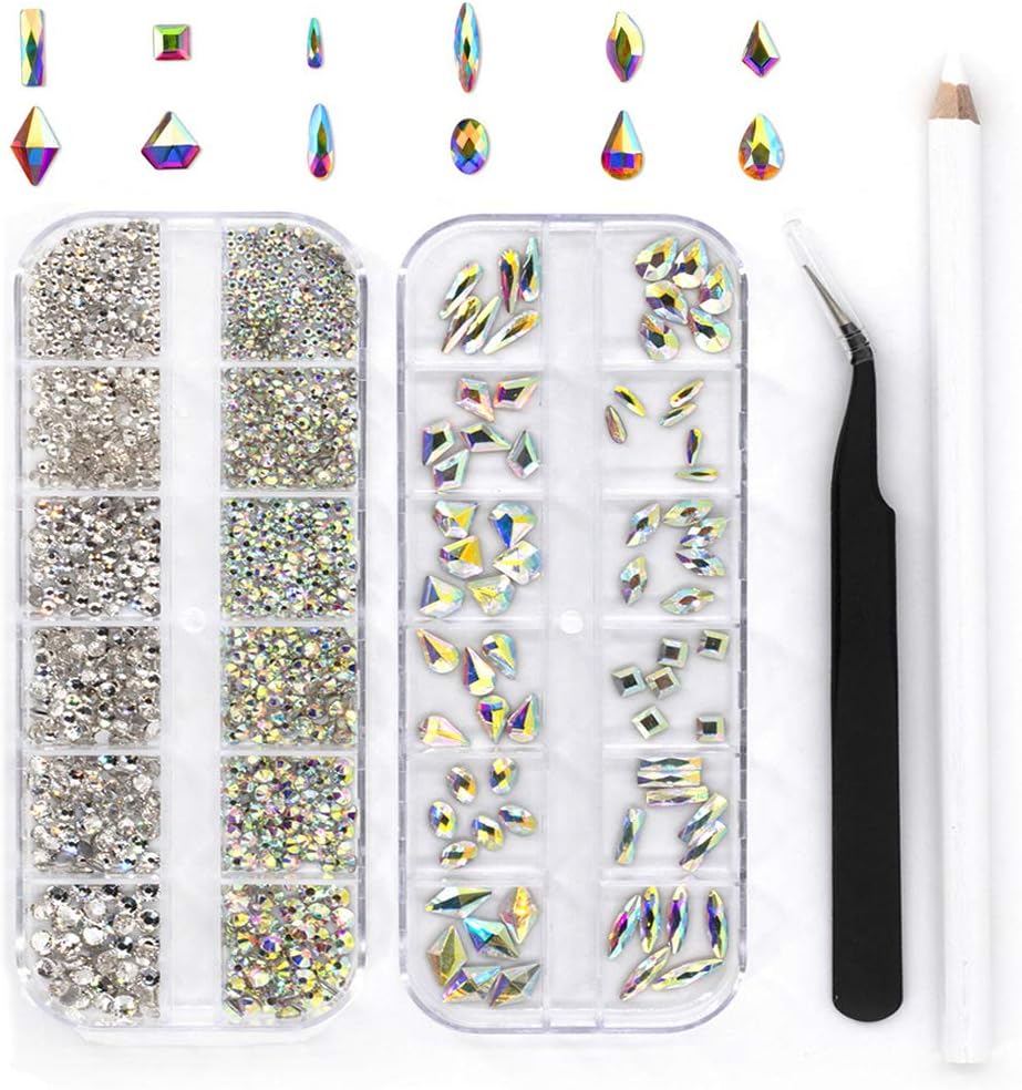 2 Boxes 1512 Pcs Multishape Crystals AB and Clear Nail Art Craft Crystal Rhinestones 3D Decorations Flatback Stones Gems Set with Pick Up Tweezer and Rhinestone Picker Dotting Pen