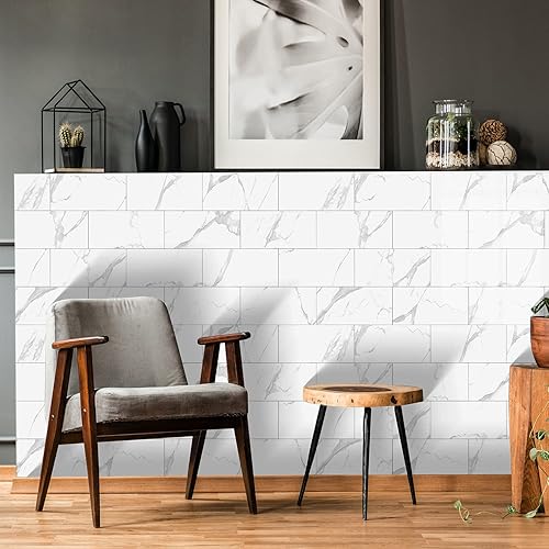 Miniatura 6 de Azulejos contra salpicaduras, azulejos de despegar y pegar para cocina, baño, ducha, pared, azulejos de imitación de mármol blanco, azulejos blancos