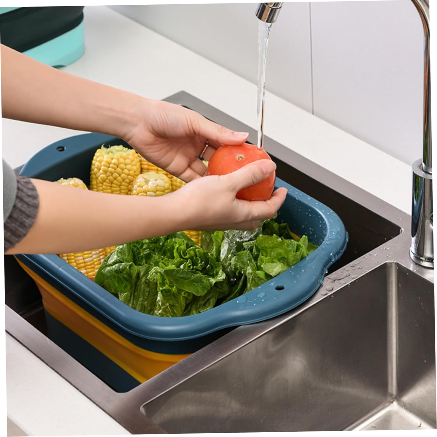 Collapsible Dish Basin with Drain Plug & Drain Basket Large Collapsible Sink Portable Multi-Functional Vegetable Washing Basket for Home Kitchen, Blue + Orange Sink
