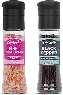 Spice Bounty Pink Himalayan Salt 12.9 oz and Whole Black Pepper 5.8 oz Grinder Set – Coarse Salt and Peppercorns with Adjustable Grinders – Gourmet Seasoning Duo for Cooking & Table Use