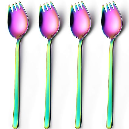 tiokin sporks, 4-pack 18/10 Stainless Steel Sporks 7.4 Inches Long Handle Dessert Spoons Ice Cream Spoons Salad Forks Flatware Set Reusable Fruit Appetizer Dessert Forks for Household Use or Camping