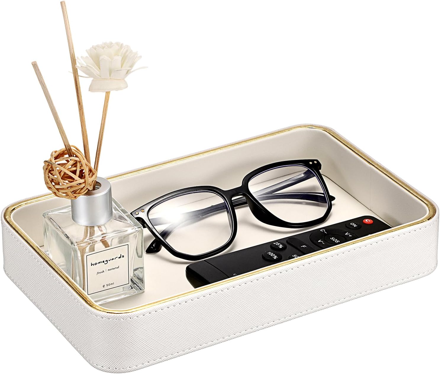 BTSKY Remote Control Organizer Tray for Coffee Table, 9.6” x 6.1” PU Leather Valet Tray with Gold Trim, Storage Catchall for TV Remotes, Glasses, Keys, Decorative Desktop Accessory for Home & Office