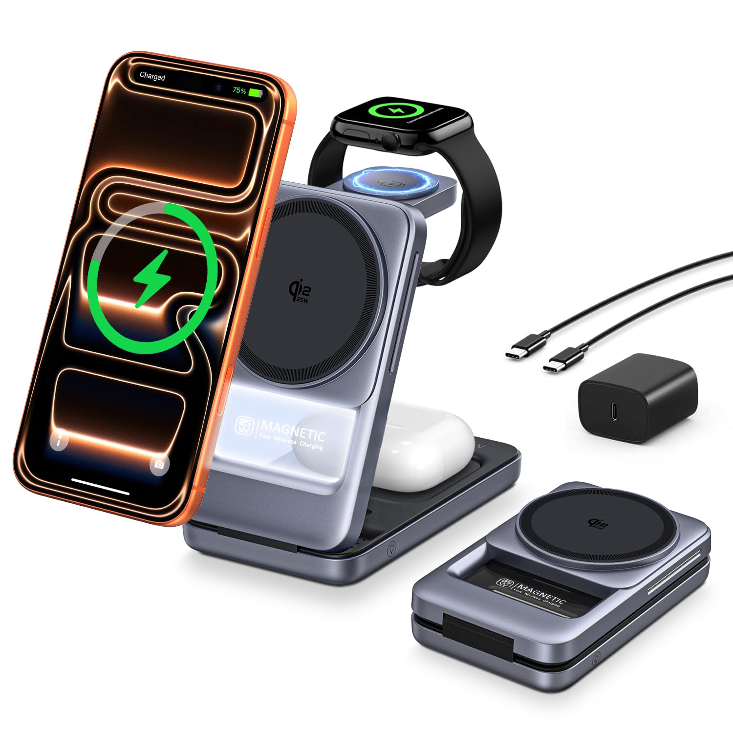 Qi2.2 25W 3-in-1 pieghevole caricatore senza fili magnetico per iPhone, luce notturna | Compatibile con iPhone 17/16/15/14/13/12, Apple Watch e AirPods, adattatore da 45 W + cavo 5A, custodia fino a 3 mm