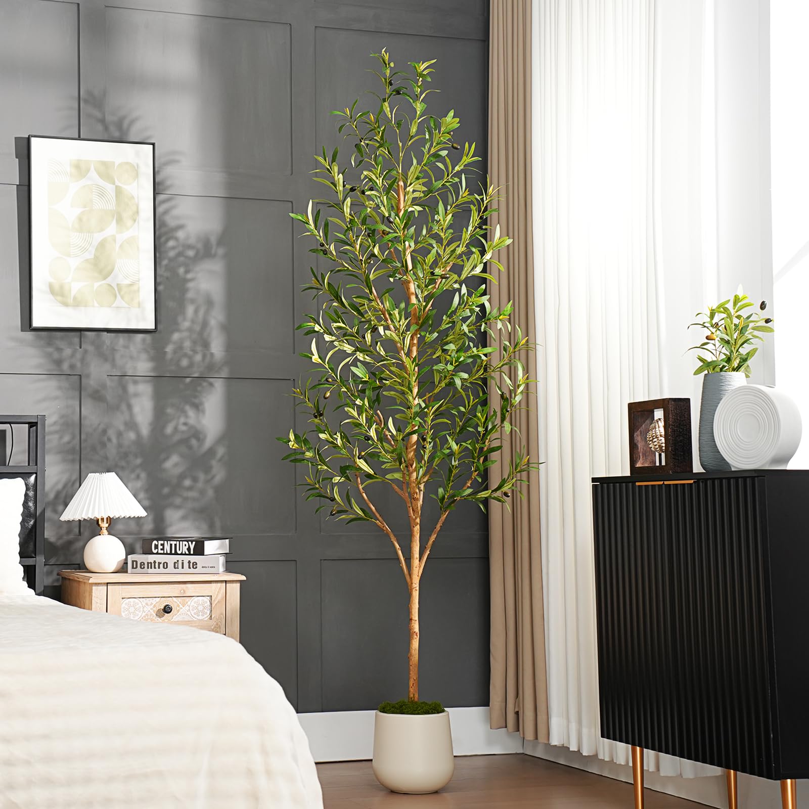 Olivo Pianta Artificiale 210cm alta con Tronchi Natural, Piante Finte da Interno Grandi Ha 756 Foglie e 54 Frutti, Albero Artificiale Interni Per Soggiorno Ufficio Giardino Dec
