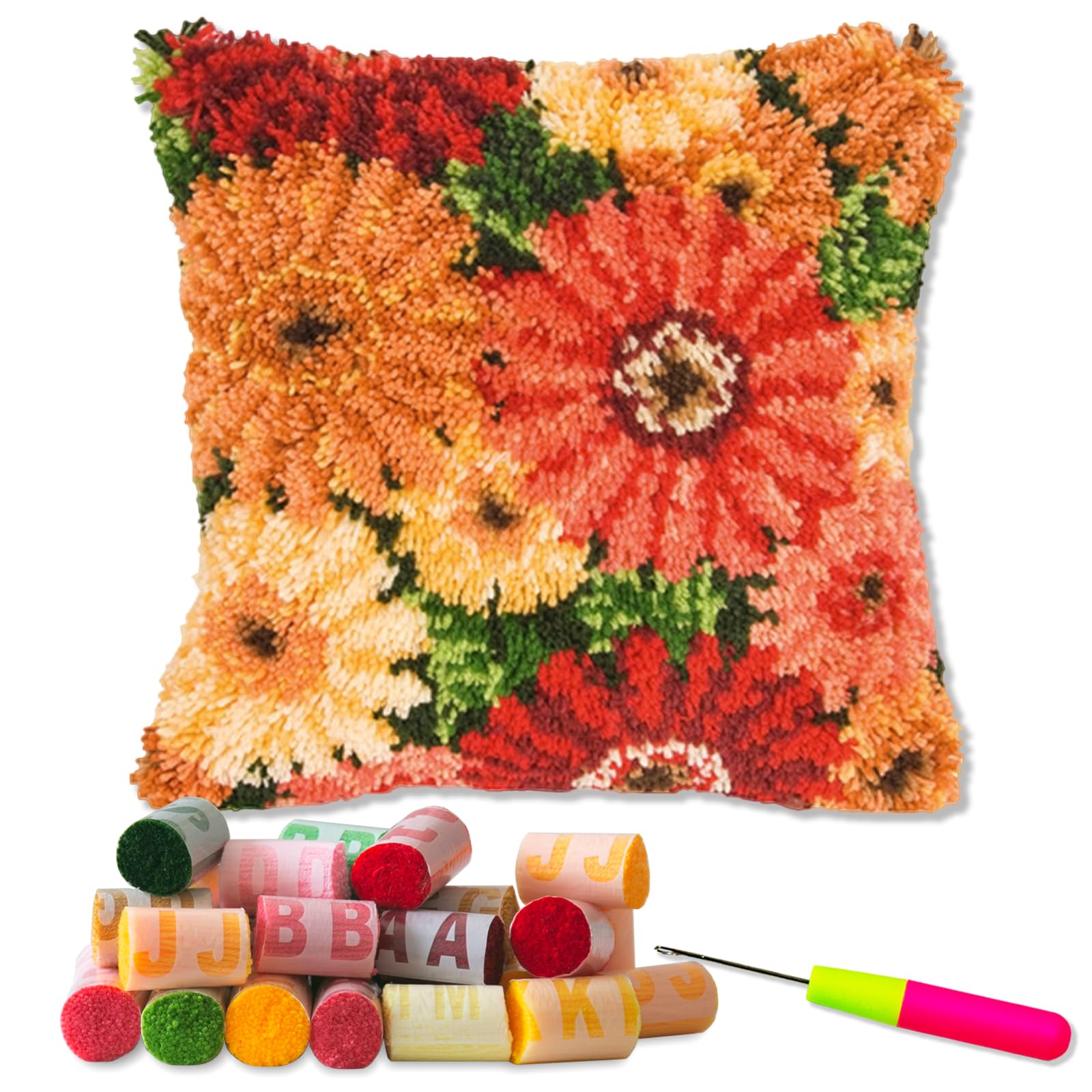 LAPATAIN Latch Hook Kits for DIY Throw Pillow Cover,Colorful Flowers Pattern Needlework Cushion Cover Hand Craft Crochet for Great Family 17x17inch