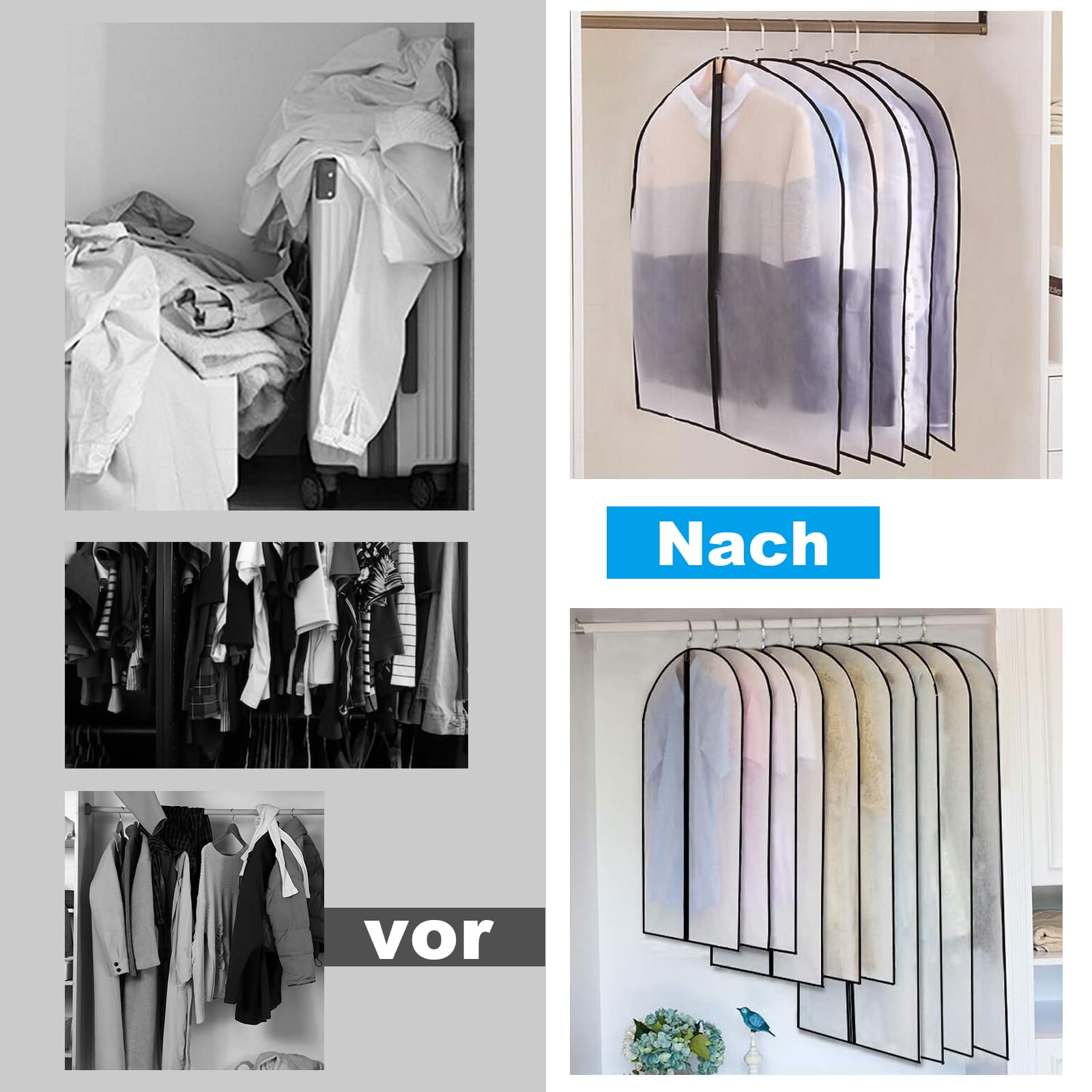 Set 5 Copriabiti Antipolvere 60x100 Cm Con Finestra - Custodie Con Cerniera Per Armadio, Nero - Foto 2