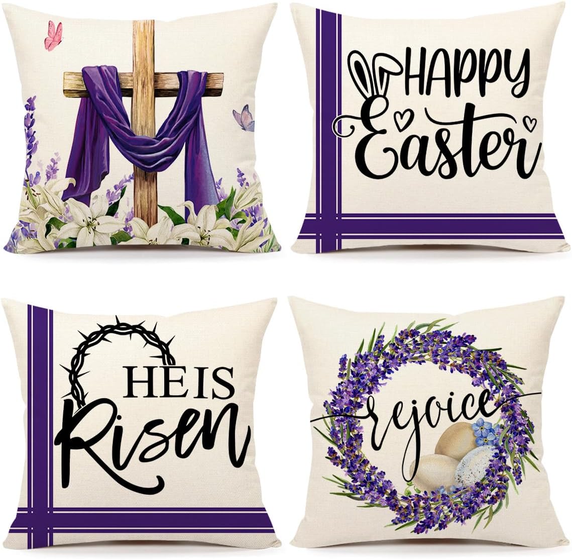 4TH EmotionEaster Throw Pillow Covers 18 x 18 Inch Set of 4, He is Risen Spring Farmhouse Holiday Purple Cushion Case for Home Sofa Couch Decoration TH177