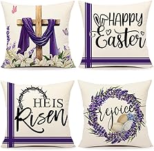 4TH Emotion Easter Throw Pillow Covers 18 x 18 Inch Set of 4, He is Risen Spring Farmhouse Holiday Purple Cushion Case for Home Sofa Couch Decoration TH177