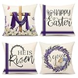 4TH Emotion Easter Throw Pillow Covers 20 x 20 Inch Set of 4, He is Risen Spring Farmhouse Holiday Purple Cushion Case for Home Sofa Couch Decoration TH177-20