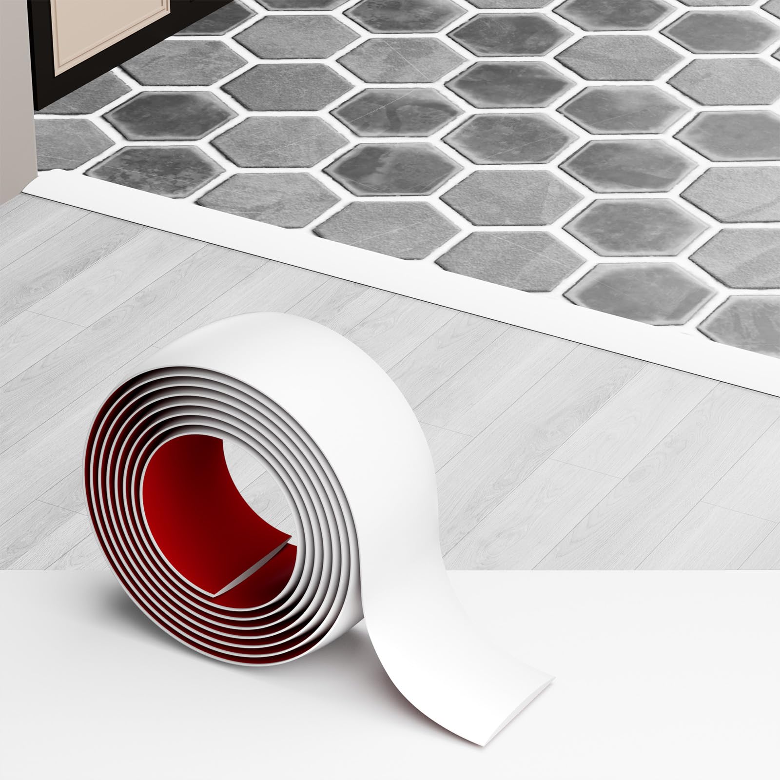 Greymond Floor Transition Strip - Self-Adhesive PVC Trim for Carpet to Flooring, Threshold Gap Cover (10ft x 1.57in, White)