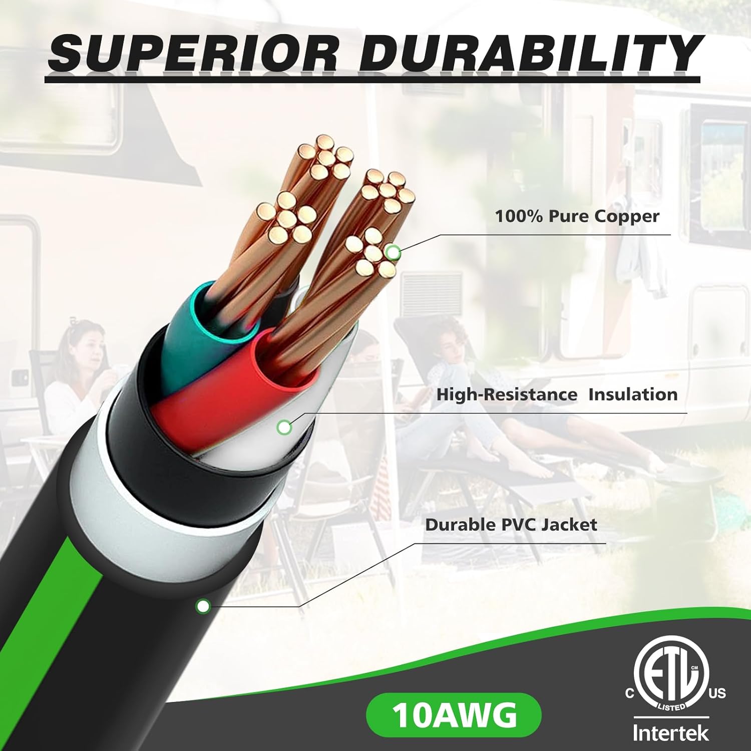 4 Prong 30 Amp Extension Generator Cord 25FT, NEMA L14-30P/L14-30R Standard Plug, 125/250 Volt Up to 7500 Watts, Twist Lock Power Cord for Manual Transfer Switch (Black&Green)