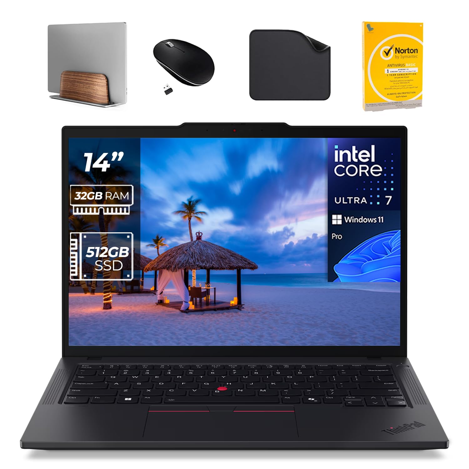 Lenovo ThinkPad T14 Gen 5 AI Business Laptop – Intel U7-155U,Backlit, Smart Card Reader, Fingerprint, Win11 Pro (Include 1st Wave Laptop Stand+Mouse+Antivirus+Mousepad) (32GB RAM | 512GB SSD)