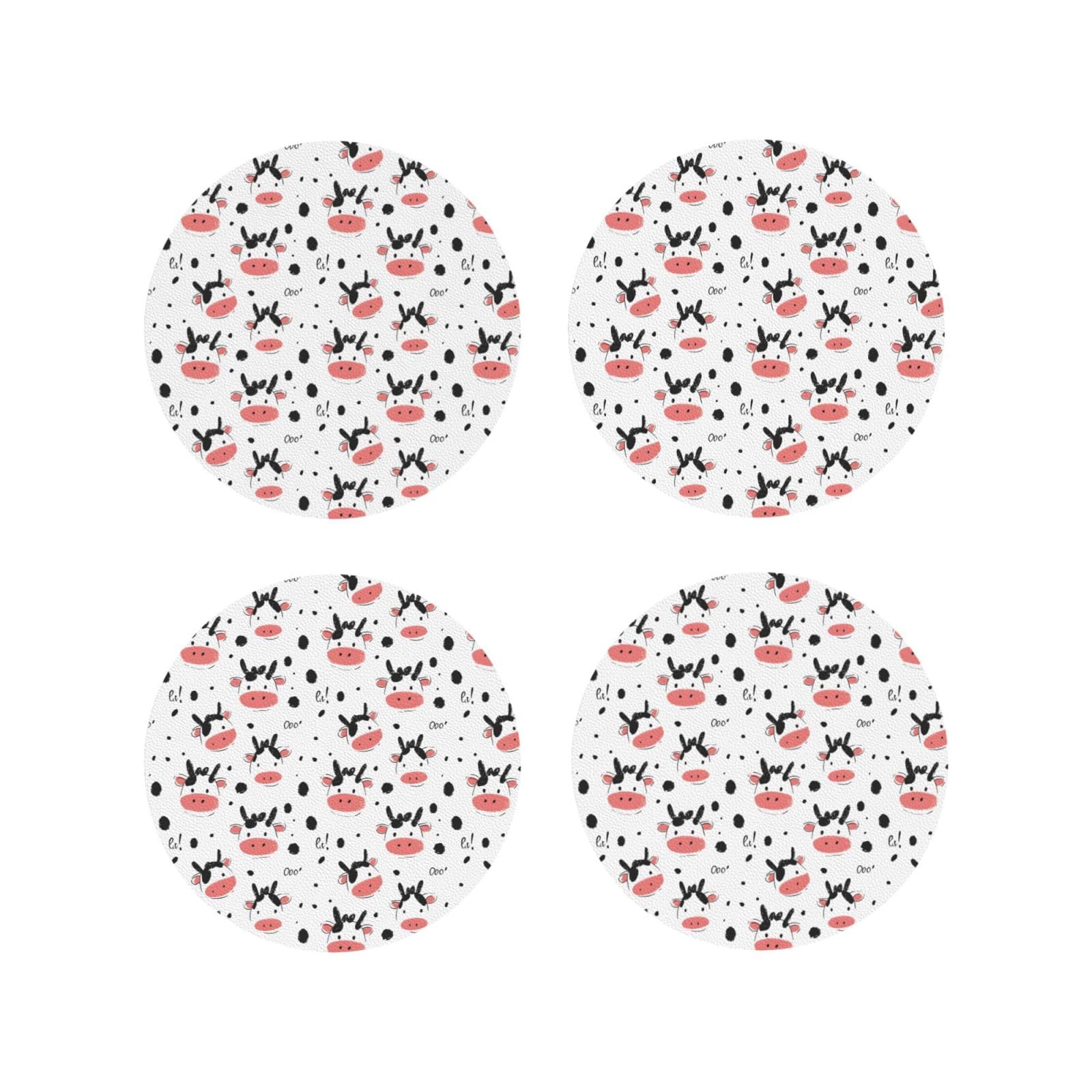 Smazdfxx Women's As Pic Leather Coasters Set Of 4 - Cute Cartoon Cow Print Lightweight Drink Coasters For Desk