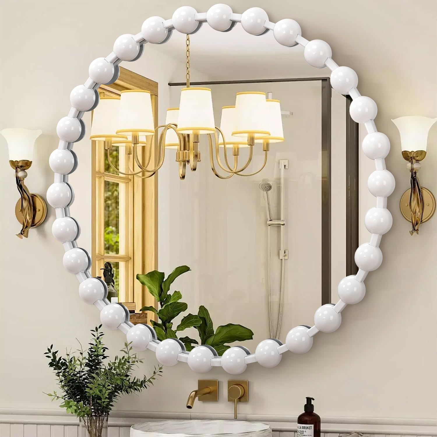AAZZKANG Circle Mirrors for Wall with Spherical Metal Framed Large 70cm White Round Beaded Mirror Decorative for Bathroom Bedroom Living Room Entryway