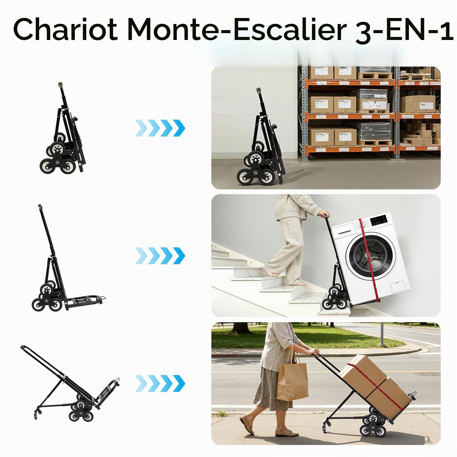 Diable pliable pour charges lourdes 150kg monte-escalier à roues étoilées triple, transporter, diable d'escalier avec 2 pneus de rechange, hauteur réglable 73-114cm, chariot empilable