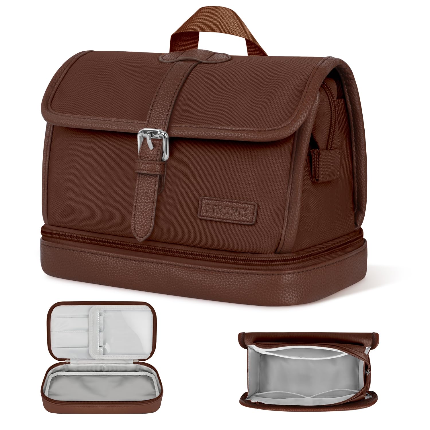 ETRONIK Flap Makeup Bag, Double Layer Travel Makeup Bag, Large Leather Cosmetic Travel Bag, Portable Makeup Bag Organizer for Women and Girls, Coffee