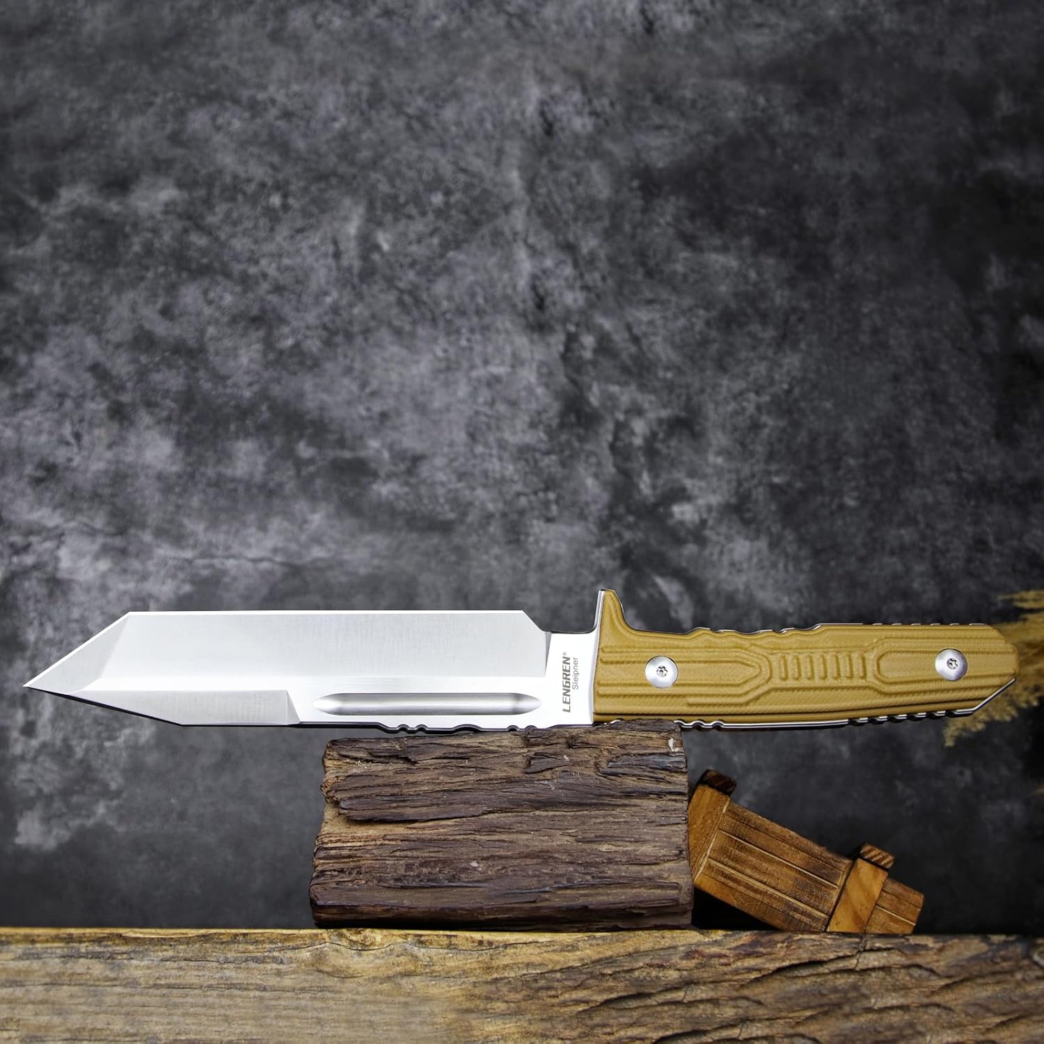 Tactical Fixed Blade Knife, 11.8 inch, Full Tang Tanto Blade with G10 Handle and Kydex Sheath (Khaki handle white blade)