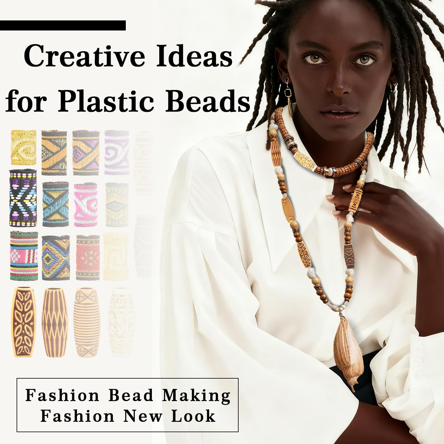 CooBigo 30pcs Hair Beads for Braids, 18 Plastic + 12 Fabric African Hair Dreadlock Beads Loc Hair Jewelry Imitation Wood Tube for Women Men Dreadlock Accessories Necklace Bag DIY Crafts - Image 8