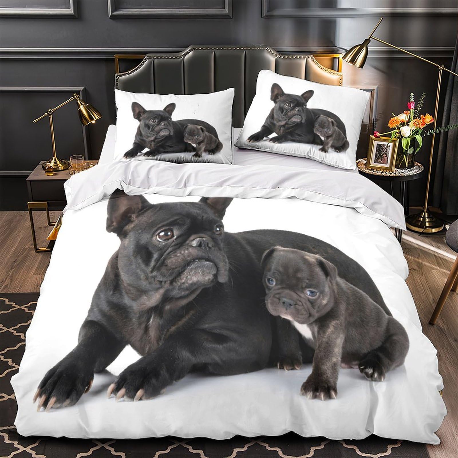 Housse Couette Bouledogue Français 3D Parure Lit Anti-Plis Fermeture Éclair