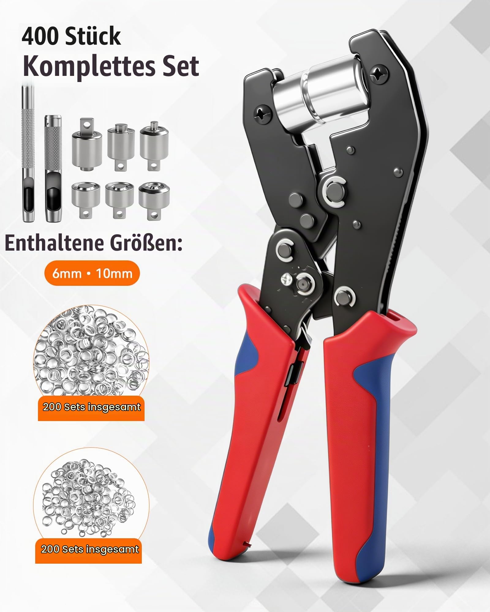 Ösenzange Kit mit Austauschbaren Einsätzen, Lochzange Ösenpresse mit Aufbewahrungsbox und 400 Ösen (Ø6/10 mm je 200 Stk), Hand Ösen Werkzeug für Planen, PVC, Leder, Stoff, Karton