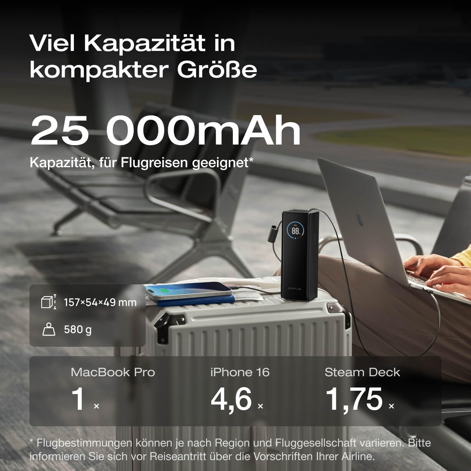 EcoFlow Powerbank 25000mAh 170W mit 100W Integrierte Einziehbare Kabel, 100W USB C Laptop Powerbank Tragbares Ladegerät für iPhone 17/16/15 Series, MacBook, Samsung, Schwarz